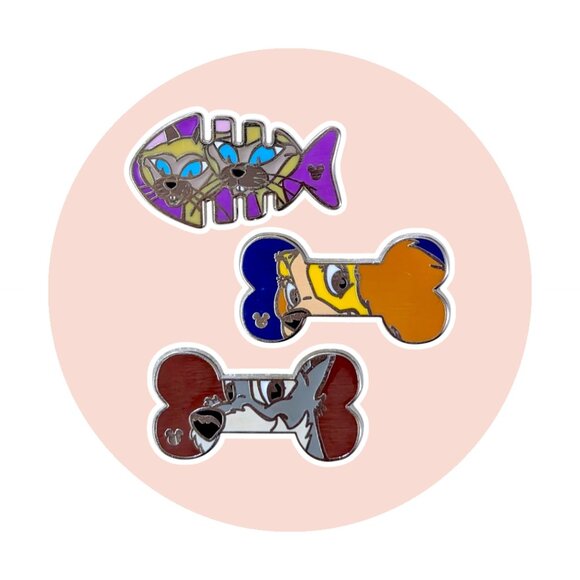 Lady and the Tramp Disney Pins: Dog Bones and Si and Am Fish - Picture 1 of 5